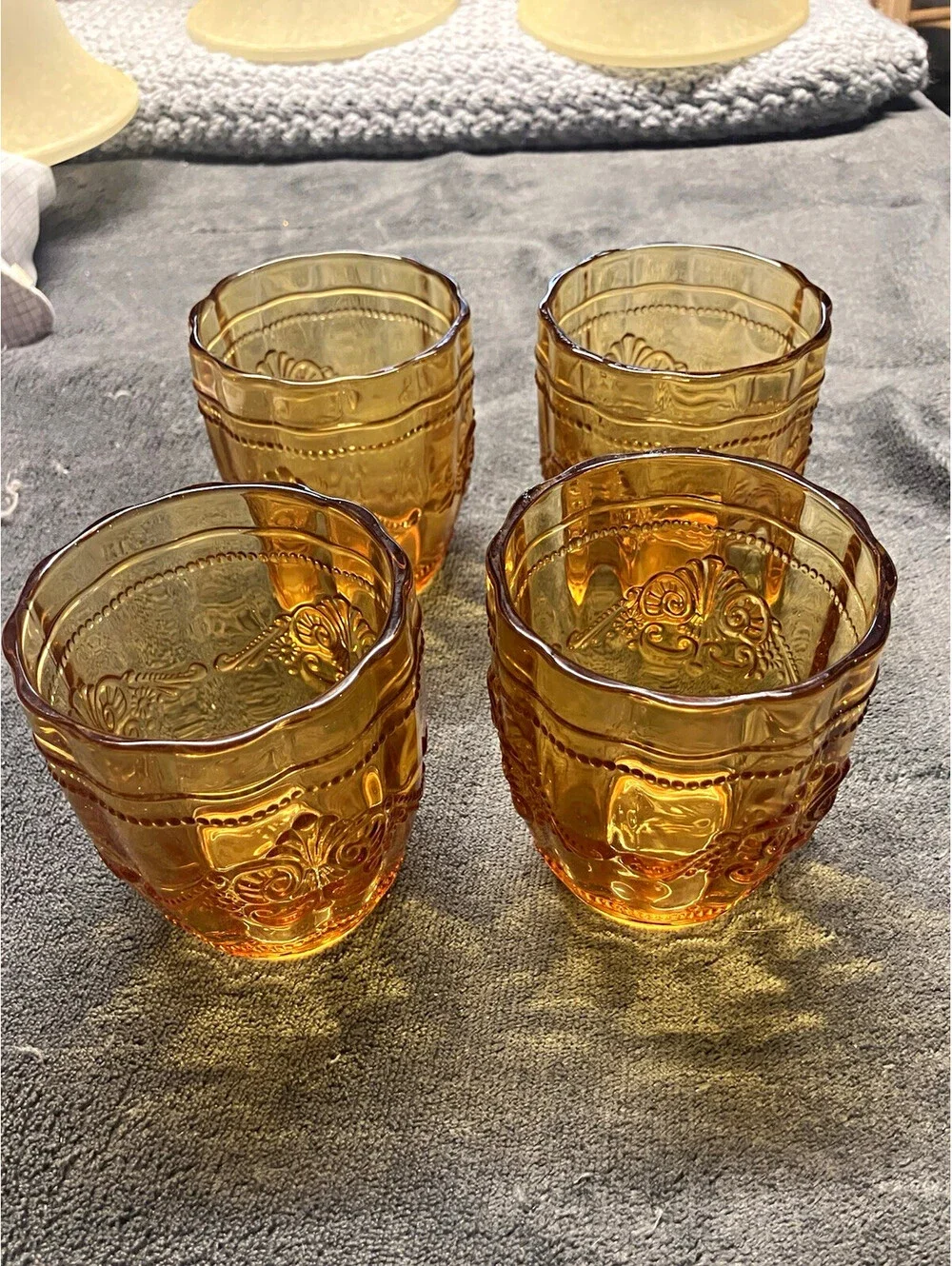 Set of 4 Amber Floral Embossed Glass Tumblers Less Than 10 oz Mid-Century